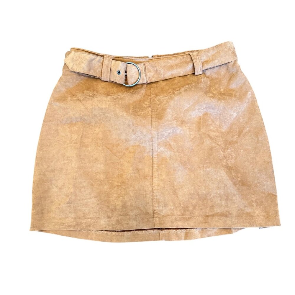 Hollister Women's Faux Suede Ultra High Rise Belted Mini Skirt Size L‎ Cognac